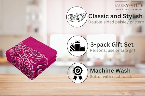 Every-ville Cotton Bandana Handkerchief for Men & Women, 3 Pack - color: Pink
