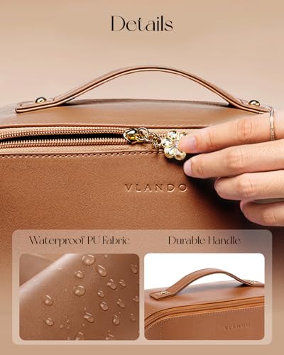 VLANDO Makeup Bag for Women with Open Flat Layout,Zipped TPU Pocket,Brown - color: 02.Brown