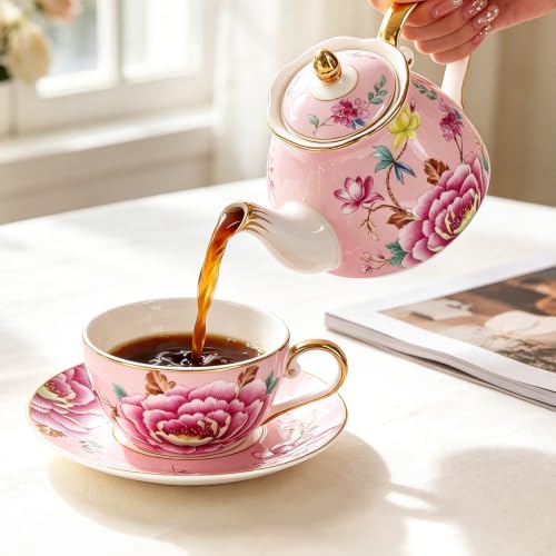 KAMMAK Tea for One Set, Ceramic Teapot, Bone China Tea Set, Cup and Saucer - color: Pink-GH9