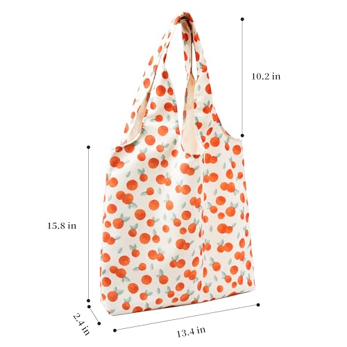 REDSINDA Canvas Tote Bag, Large Capacity Shoulder Bag with Inner Pockets, Foldable Shopping Bag - color: Orange Fruit