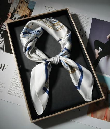 corciova Women’s Square Scarf 27.5 in (70 x 70 cm), Satin-Feel Polyester, Lightweight Fashion Scarf for Hair, Neck and Bag - color: Anchor & Sailboat (White / Navy Blue / Gold)