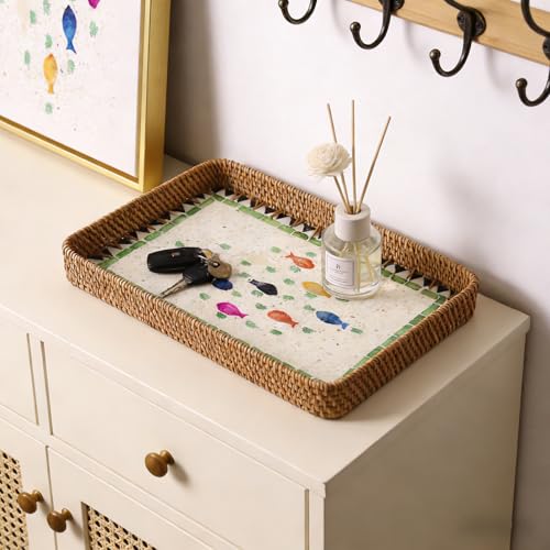 Rectangle Rattan Serving Tray with Mother of Pearl Inlay, Handwoven Wicker Tray for Frui Bread Breakfast Coffee Table Party Picnic Cafe Bedroom Kitchen Home Decor Set of 3 (Green Fish) - color: Green Fish