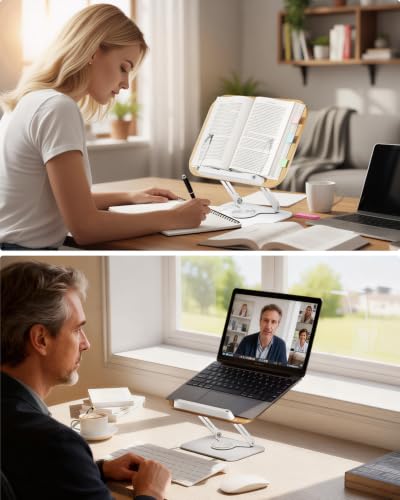 Viozon Book Stand for Reading,Book Holder, Height&Angle Adjustable, 360° Rotating Base, Foldable and Portable, Lightweight for Office, Kitchen, School Textbook, Recipe, Magazine,Kindle,Tablet LW - color: Light Wood
