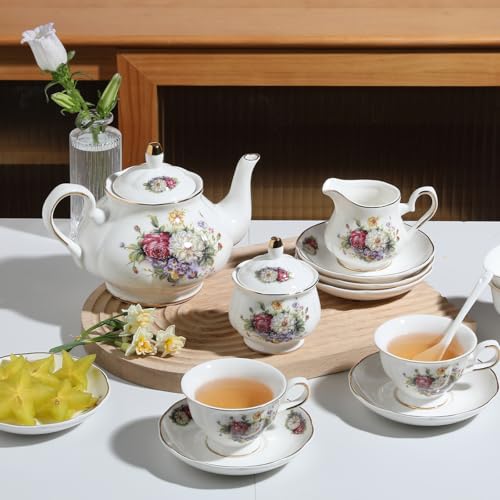 Sweejar Porcelain Tea Set Vintage Floral, British Relief Gold Rim Teapot Cup and Saucer Sets, 22-Piece Tea Sets for Adults, with Teapot, Sugar Bowl, Milk Jug, Spoons, Cup and Saucer (Flower Style) - color: Flower Style