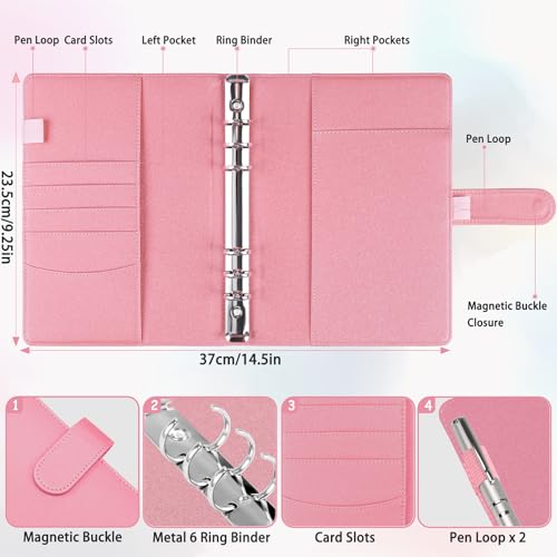 Antner A5 Notebook Binder 6 Ring Refillable Planner Cover for A5 Planner Inserts, PU Leather Loose Leaf Personal Organizer Aesthetic Photocard Holder Budget Binder with Magnetic Buckle, Glitter Pink - color: Glitter Pink