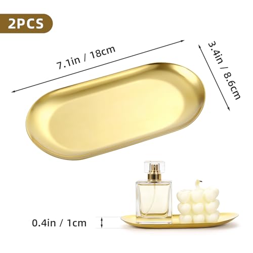 2 Pcs 7" Stainless Steel Decorative Tray Oval Jewelry Dish Cosmetics Organizer Bathroom Vanity Serving Platter Small Storage Trinket Ring Holder for Perfume Candle Key (Gold) - color: Gold