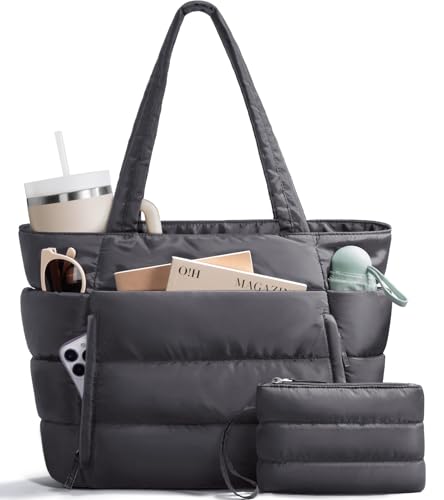 Bagstellar Puffer Tote Bag for Women, Lightweight Puffy Travel Gym Work Bag - color: Charcoal Grey
