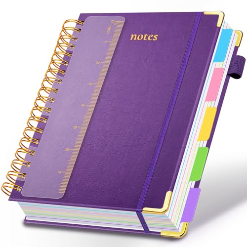 Hardcover Spiral Notebook 6.2"x 8.2" Journal Notebook with Tabs and Removable Dividers 300 Pages 5 Subject Notebook College Ruled, Faux Leather Spiral Bound Notebook for Women School Work (Purple) - color: Purple, size: 6.2"x8.2"(A5)