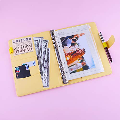 Antner A5 Notebook Binder 6 Ring Refillable Budget Planner Cover for Cash Organizer, PU Leather Aesthetic Photocard Holder Loose Leaf Small Binder with Magnetic Buckle for A5 Planner Inserts, Yellow - color: Yellow