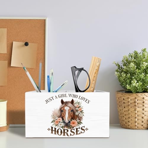 Rustic Floral Horse Pen Holder for Desk, Gifts for Horse Lovers Pencil Organizer, Just a Girl Who Loves Horses Wooden Box Sign Desk Decor for Home Office Decoration - color: HORSE