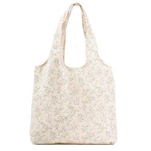 REDSINDA Canvas Tote Bag, Large Capacity Shoulder Bag with Inner Pockets, Foldable Shopping Bag - color: Blue Floral