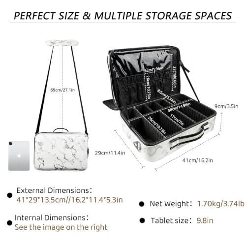 gzcz Large Capacity Travel Makeup Case Organizer,Professional Cosmetic Bags for Women,Waterproof PU Leather Makeup Bag with Adjustable Dividers and Shoulder Strap for Brushes and Jewelry - color: Marble White, size: Large