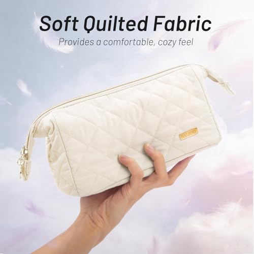 Graduation Gifts Soft Quilted Makeup Bag, Wide Opening Cosmetic Pouch Travel Toiletries Accessories Bag Trendy Makeup Purse for Women Teen Girls Holiday Gifts Birthday Gifts (Light Pink) - color: Light Pink
