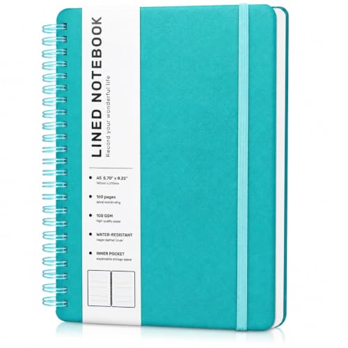 Lined Spiral Notebook for Women, A5 College Ruled Leather Spiral Journals - color: Lake Blue, size: A5