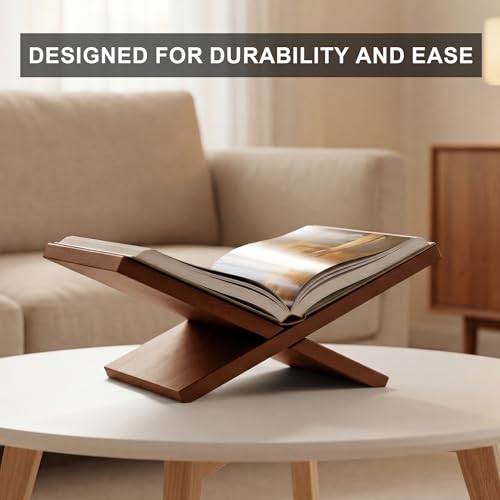 Wooden Book Stand for Display, Large Open Book Holder for Desk - color: Brown