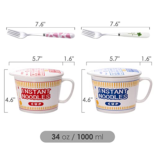 Ramen Bowls with Lid and Handle Cute Instant Ramen Noodle Bowl Anime Ceramic Large Noodle Bowl Sets with Fork, Gift for Ramen Lovers (2PCS, Red & Blue) - color: 2PCS,Red & Blue