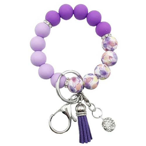 Unpafcxddyig Silicone Bead Keychain Bracelet Wristlet Key Ring - color: Rainbow Purple