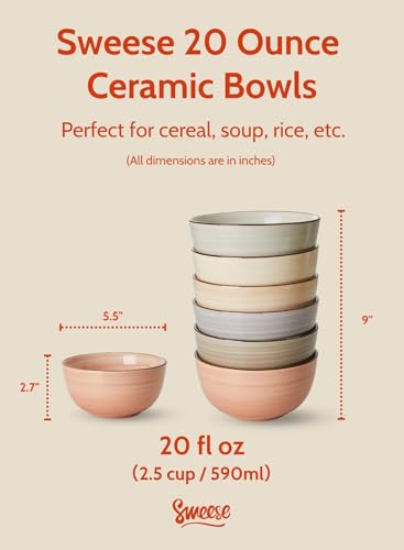 Sweese 20 Oz Porcelain Cereal Bowls - Multicolor Set of 6, Dishwasher Safe, for Soup, Salad, Rice, Kitchen Decor - color: Neutral, size: 20 Ounce