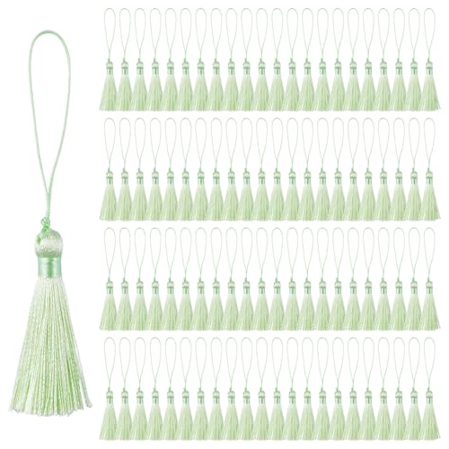 Mini Tassel Charms, 90pcs Green Tassels with Hanging Loop Mini Tiny Handmade Craft Tassels Charms for DIY Jewelry Necklace Making Accessories - color: Light Green-10cm