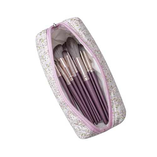 Cute Floral Cotton Makeup Brush Cosmetic Bag for Women, Travel Quilted Zipper Make Up Bag, Flowers Toiletry Organizer Case Kawaii Makeup Cosmetic Travel Cloth Pouch (Pink+Blue Floral) - color: Two Pack: (Pink Floral+Blue Floral)