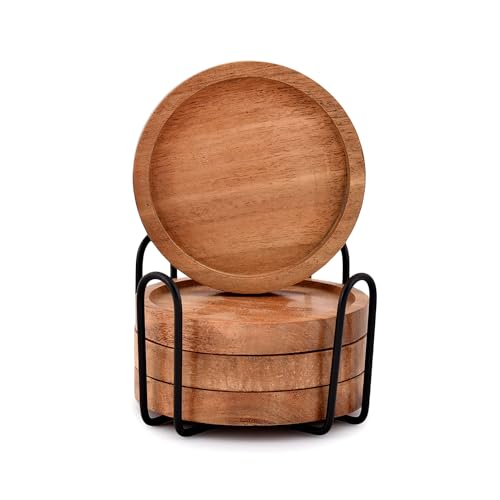 EDHAS Acacia Wood Round Coasters Set of 4 with Iron Holder for Drinks, Tabletop Protection for Any Table Type for Bar Kitchen Home Apartment (4 x 4 x 0.5)