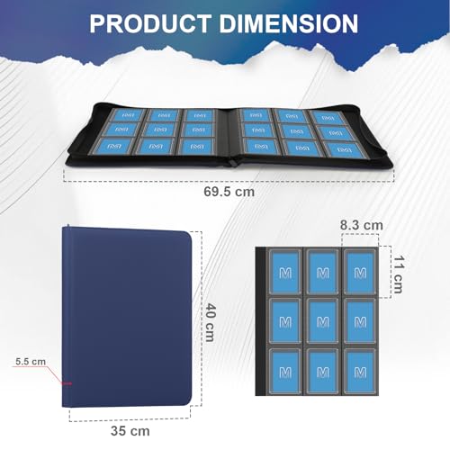 Toploader Binder, 9-Pocket 288 Cards Holder for 3"x4" Rigid Card Sleeves - color: 9Navy Blue