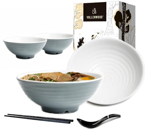 4 Ramen Bowls, 12 pieces Pho set. Gray White Asian Japanese soup. Utensil: Spoons And Chopsticks kit. Melamine. Large 37 oz. Noodles, Rice, Udon, Thai, Chinese, Korean, Wonton, Miso. - color: Gray White x4