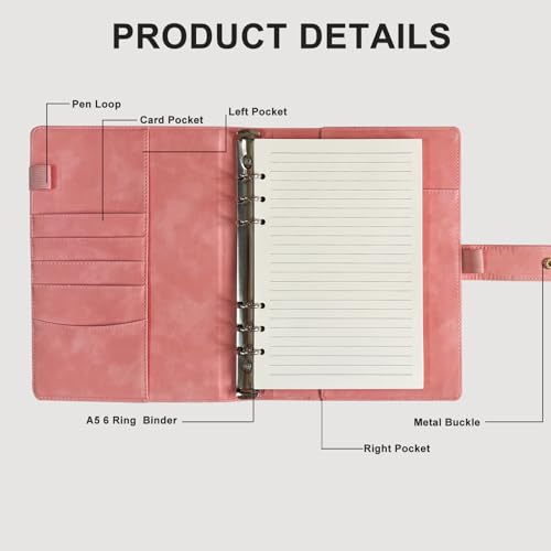 A5 6 Ring PU Leather Binder Notebook Refillable Planner Organizer, Budget Binder with Pockets Dividers Refill Paper for Office School Travel Diary (Pink) - color: Pink