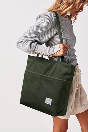KALIDI Women Corduroy Tote Bag Zipper Casual Tote's Handbag Big Capacity Shoulder Bag with Pockets - color: D-army Green