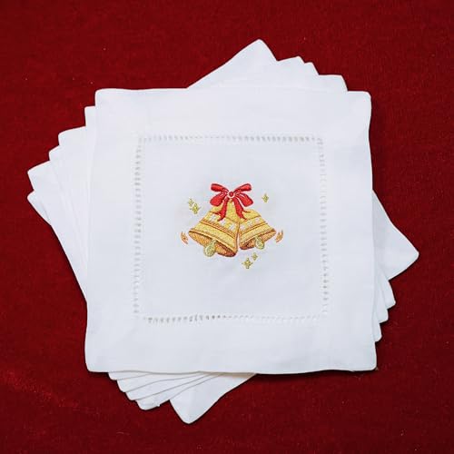 100% Linen Cocktail Napkins Set of 6 | Embroidered Christmas Bells 6"x6" Fabric Coaster for Kitchen Coffee Bar Xmas Party Events Reusable Ladder Hemstitch Jingle Bells Cloth Napkins Square - color: Jingle Bells