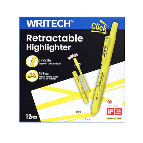 WRITECH Retractable Highlighters Chisel Tip: 12ct Fluorescent Yellow Ink - color: Yellow, size: 1 Count (Pack of 12)