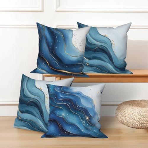 Abstract Marble Throw Pillow Cover Fluid Blue Ocean Wave Gold Sequin Stripe Glitter Luxury Art Modern Aesthetic Linen Square Cushion Covers for Outdoor Couch Bedroom 20x20 Inch Set of 4 - color: Blue Ocean, size: 20" x 20" (Pack of 4)