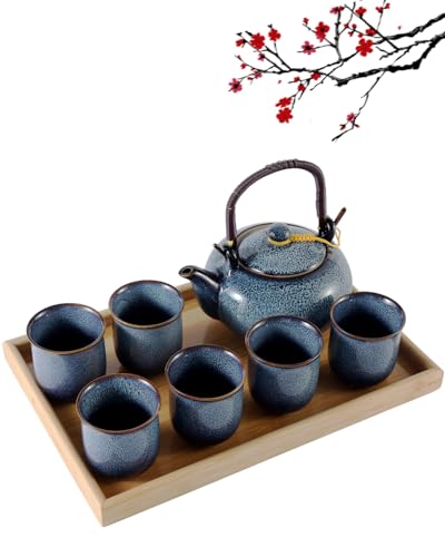 DUJUST Japanese Tea Set for 6, Kiln Altered Glaze Porcelain Tea Set with 1 Teapot, 6 Tea Cups & 1 Tea Tray, Unique Chinese Tea Sets for Adults/Tea Lovers/Women/Men, Blue - color: Teasets - Blue