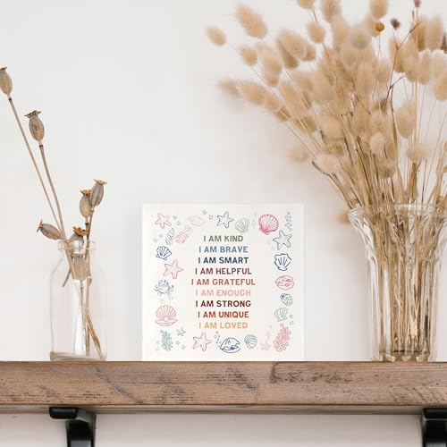 Ocean Under the Sea Nursery Kids Decor, Positive Affirmations for Kids, Preppy Coastal Beach Nautical Wood Signs for Nursery Classroom Boys Girls Room Playroom Desk Table Shelf, 5x5 Inch - color: I AM