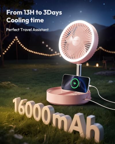 Gaiatop Portable Pedestal Fan 16000mAh Battery [Max 74h Runtime], Foldable Oscillating Standing Fan, Collapsible Desk Fans, LED Light, Case & Remote Control, 4 Speeds for Outdoor Travel Camping (Pink) - color: Pink