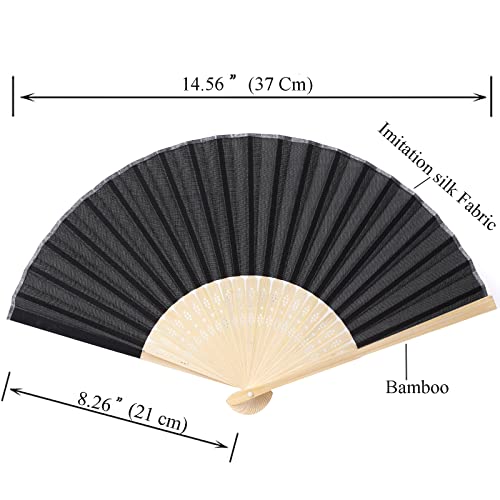 24pcs Imitated Silk Hand Fan Imitated Silk Fabric Bamboo Handheld Folded Fan Bridal Dancing Props Church Wedding Party Favors with Organza Bags (Black) - color: Black