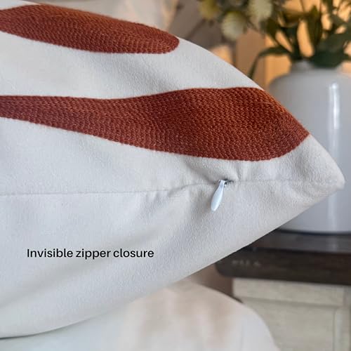 AYAY Decorative Velvet Throw Pillow Cover 18x18 Inch – Off White with Orange Rust Embroidered Abstract Design, Modern Boho Accent Cushion, Hidden Zipper, Cover Only - color: Abstract Rust and Off White