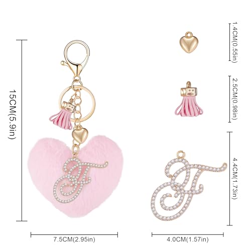 Initial Letter Heart Pom Pom Keychain for Women Pink Soft Fluffy Ball Key Ring for Purse Backpack Handbag - color: F