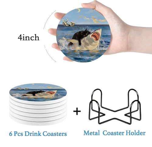Nikyi 6 Pcs Funny Cat Shark Ceramic Drink Coasters, Absorbent Round Coaster with Cork Base & Metal Holder, Ocean Blue Coasters Perfect for Coffee Table Office Home Decor & Housewarming Gifts - color: Funny Black Cat and Shark