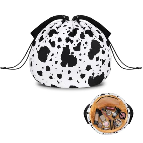 Funny Cow Print Drawstring Makeup Bag, Travel Toiletry Cosmetic Organizer - color: B-Cow-Blackwhite