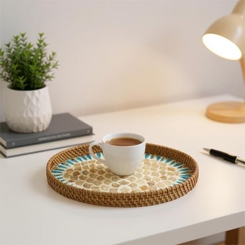 Oval Rattan Mother of Pearl Serving Tray, 3 Sizes Wicker Woven Coffee Table Tray with Wooden Base for Fruit Snack Breakfast Party Picnic Cafe Kitchen Home Decor (Blue White Scale) - color: Blue White Scale