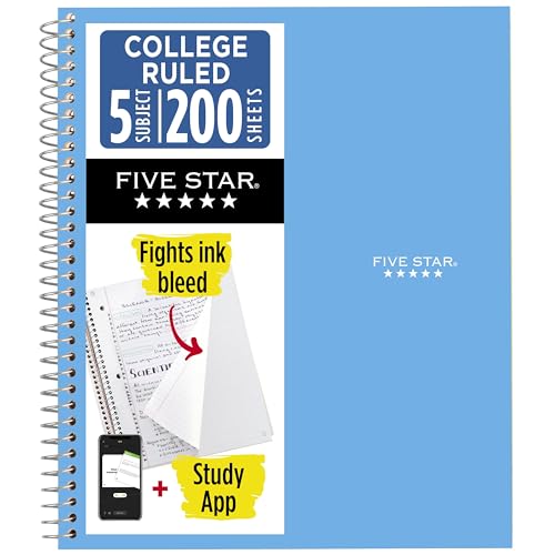 Five Star Spiral Notebook + Study App, 5 Subject, College Ruled Paper, 8-1/2" x 11", 200 Sheets, Fights Ink Bleed, Water Resistant Cover, Pacific Blue (73635) - color: Blue, size: 1 Count (Pack of 1)