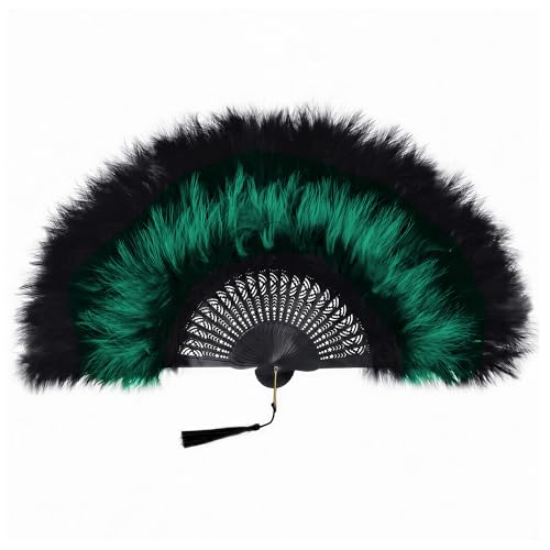 BABEYOND 1920s Marabou Feather Folding Hand Fan - color: Blackgreen