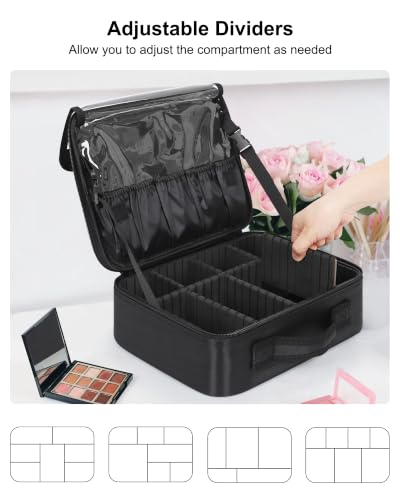 Relavel Makeup Bag Travel Makeup Train Case Large Capacity Cosmetic Case Professional Portable Makeup Brush Holder Organizer and Storage Box with Adjustable Dividers Black - color: Black, size: Small