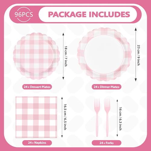 96Pcs Pink Gingham Party Decorations, Serve 24 - style: Light Pink Gingham