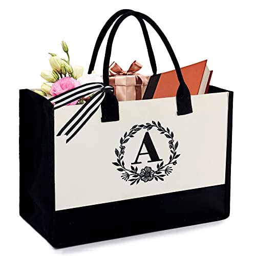 BeeGreen Embroidery Monogram Initial Tote Bag for Women Teacher Mom Friend Personalized Gift for Birthday Beach Work Wedding - color: Black With Natural, style: A