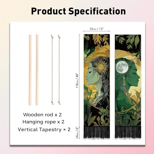 PLIGREAT 2 Pack Sun Moon Tapestry with Tassels, Aesthetic Goddess Art Wall Hanging Vertical Green Plants Home Wall Tapestry for Bedroom Living Room Long Narrow Decor, 52" x 13" - color: green,yellow
