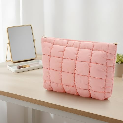 Hillban Light Pink Puffy Quilted Makeup Bag Cute Cosmetic Bag Gift, Classic - color: Light Pink, size: Classic