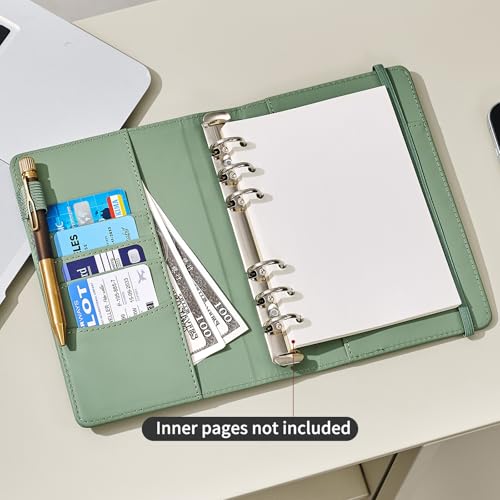 Ovesmusl PU Leather Aesthetic A6 Binder 6 Ring Binder Journal Cover - color: Green, size: A6