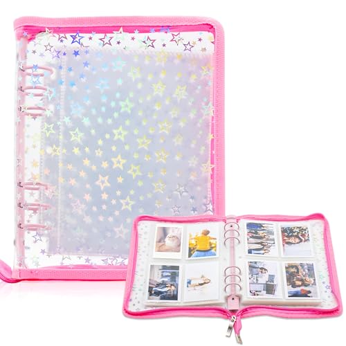 Kpop Photocard Binder Holder with 30 Pack 4-Pocket Inner Pages, A5 6 Ring Cover Album Book with Zipper for Organizing Trading Card (Pink) - color: Pink